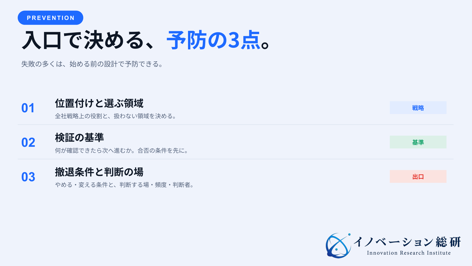 新規事業の失敗予防。ニーズの証拠、決裁材料、撤退条件の3段階