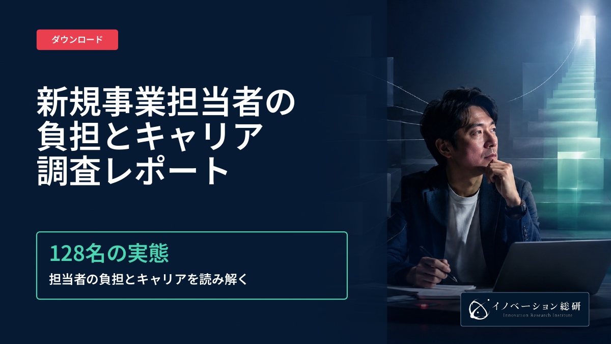 新規事業担当者の負担とキャリア調査レポートの表紙。担当者の役割・支援・評価を見直す資料