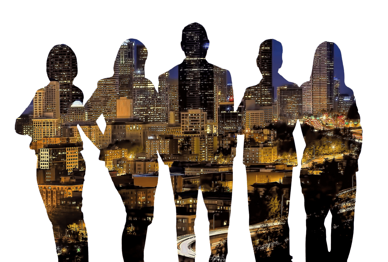 五人の人影に夜のビル街を重ねた合成画像