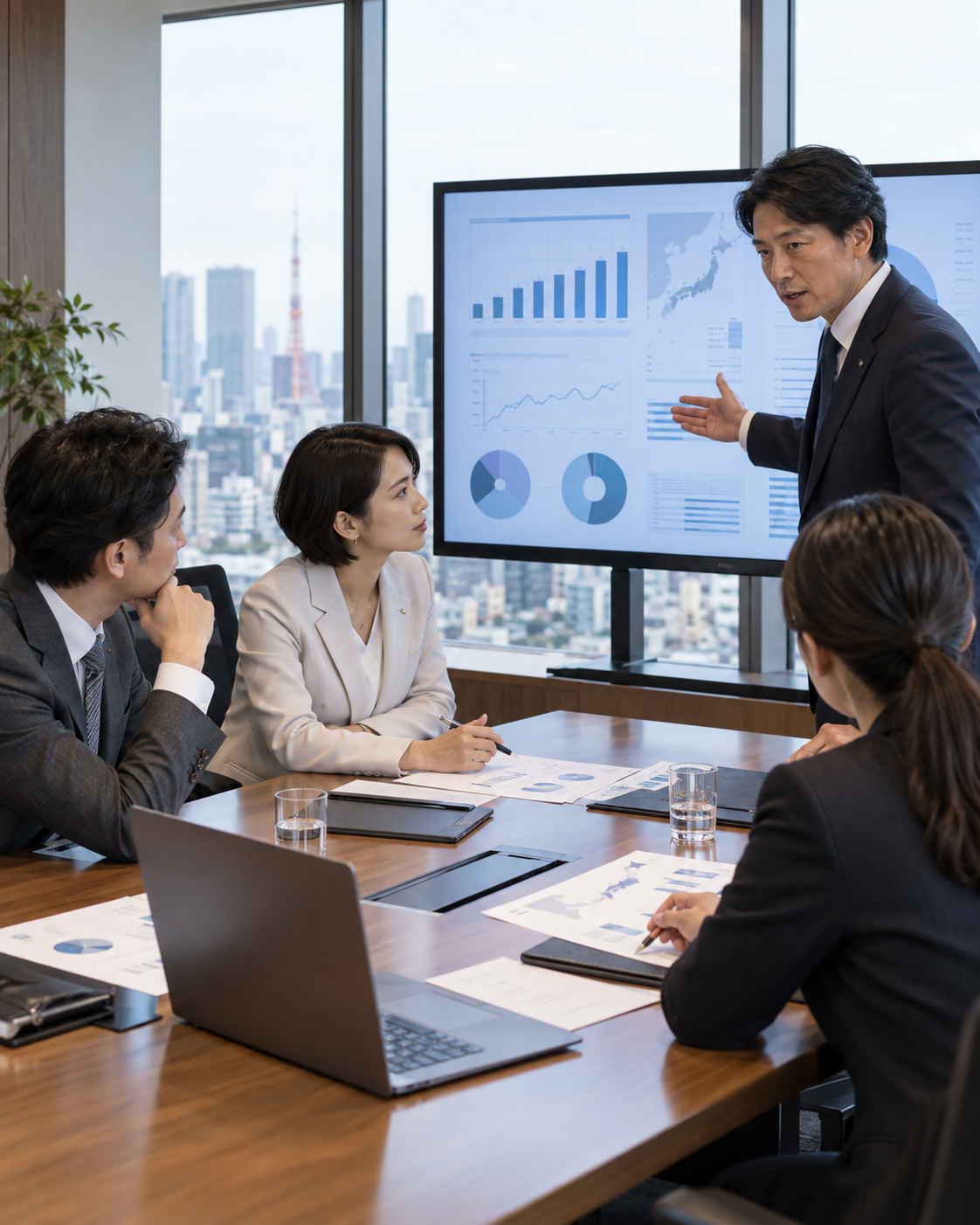 経営企画と新規事業のメンバーが会議で事業判断を行うイメージ(生成画像)