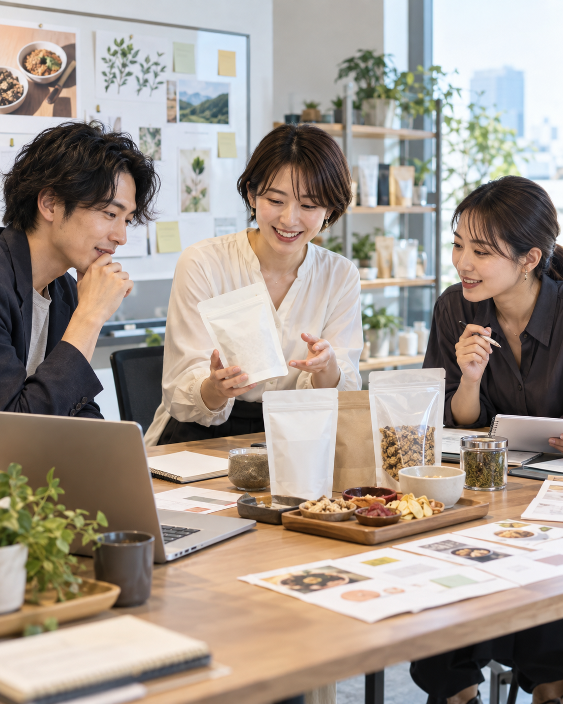 食品・消費財の新規事業チームが商品コンセプトを検討するイメージ（生成画像）