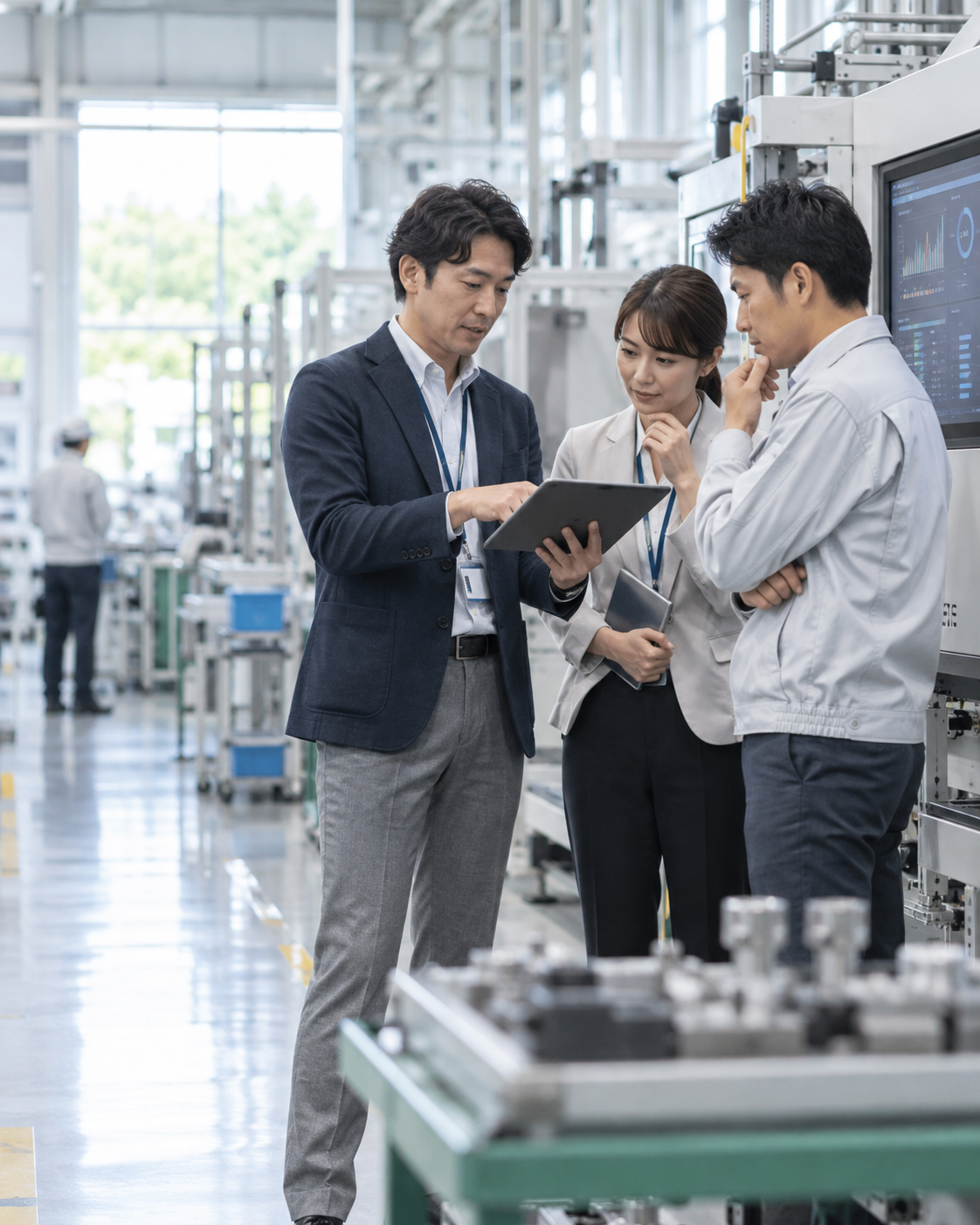 製造業の新規事業チームが工場でデータと設備を確認するイメージ（生成画像）