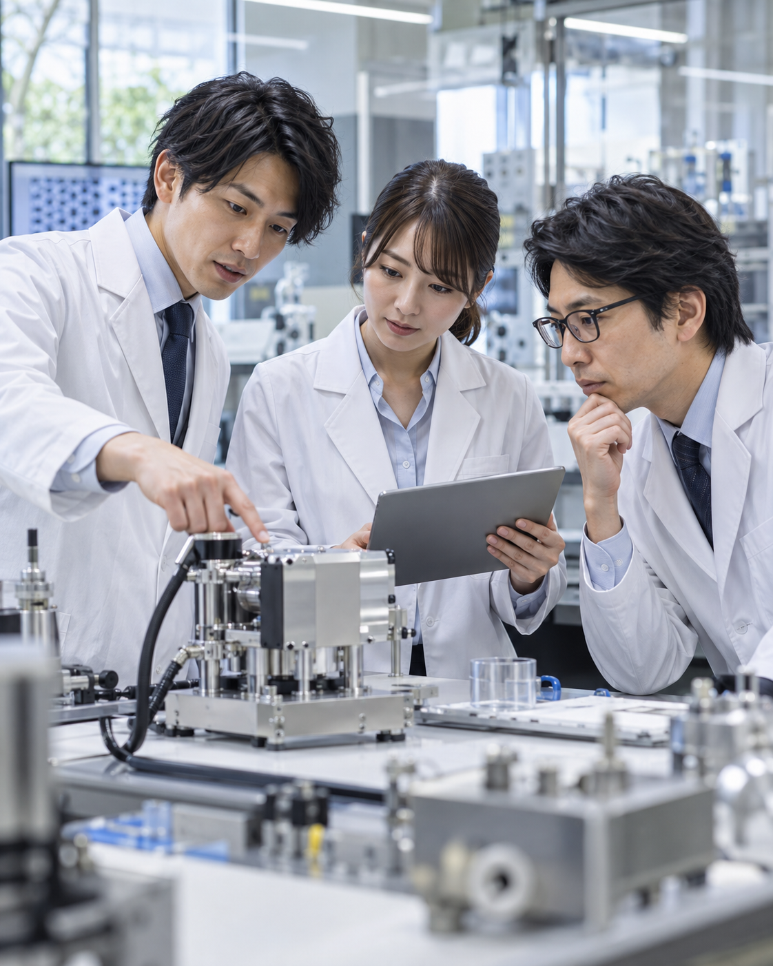 研究開発チームが技術の事業化に向けてプロトタイプを検討するイメージ（生成画像）