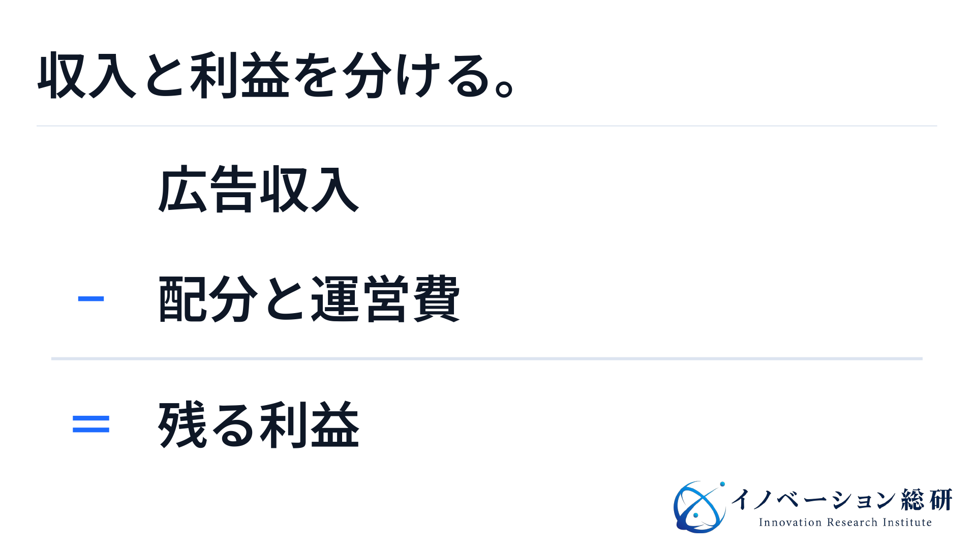 広告収入から配分費と運営費を差し引いて、残る利益を考える。広告取扱額を利益とみなさない